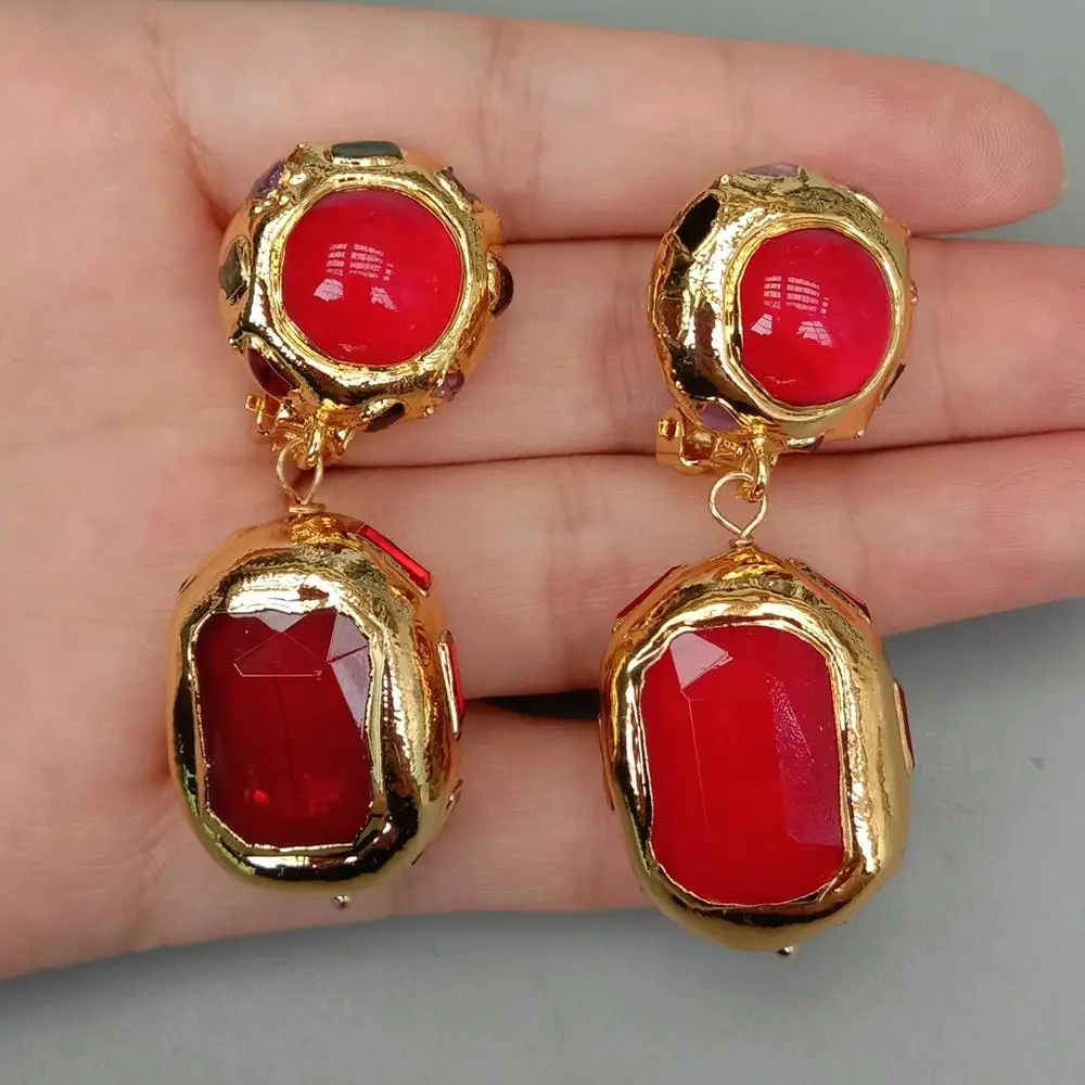 YYGEM 20x26mm Red Crystal Gold Plated Party Stud Statement Earrings Costume Lady Jewelry 4