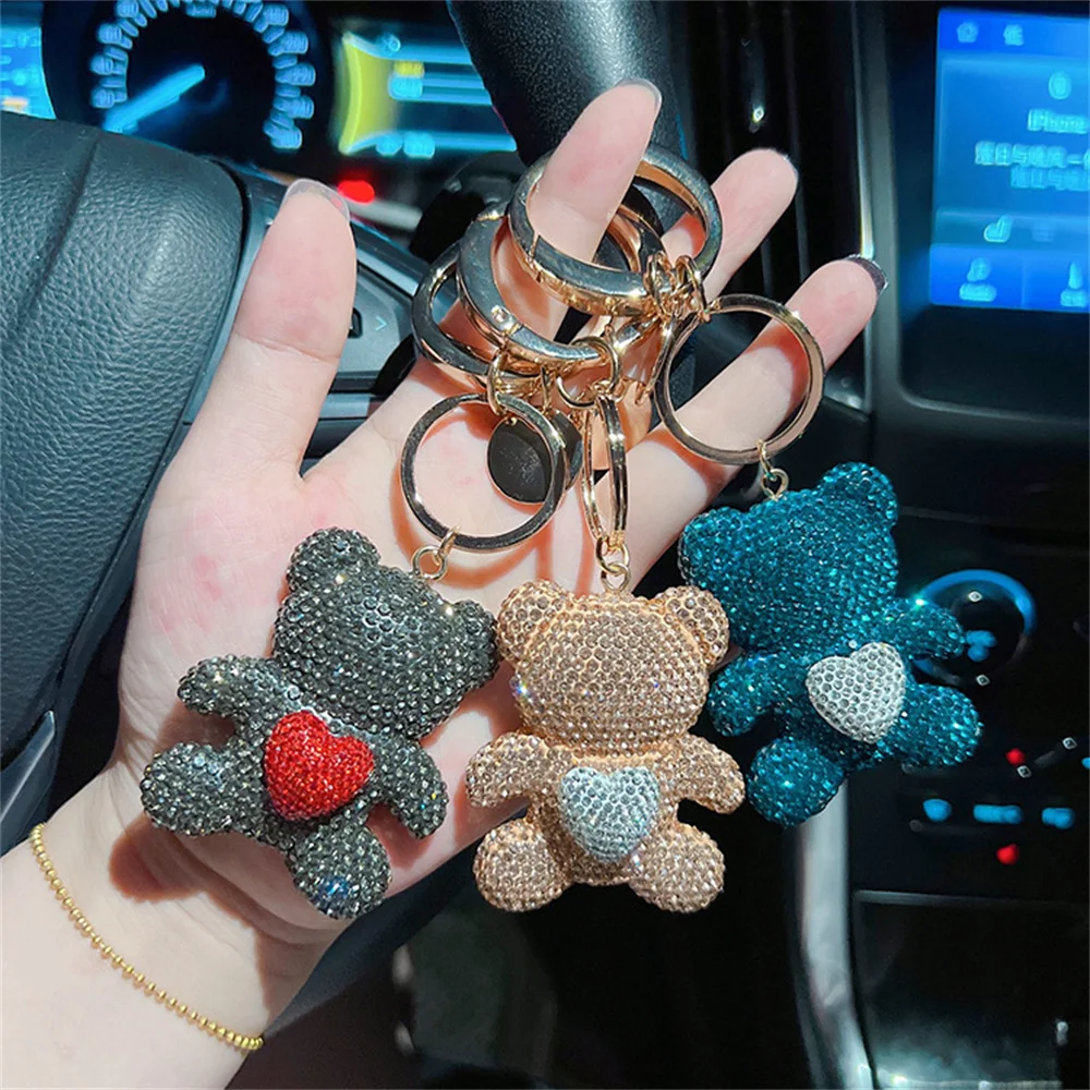 Full Diamond Love Teddy Bear Keychain Metal Large Ring Cute Cartoon Doll Keyring Bag Backpack Pendant Car Hanging Small Gift New