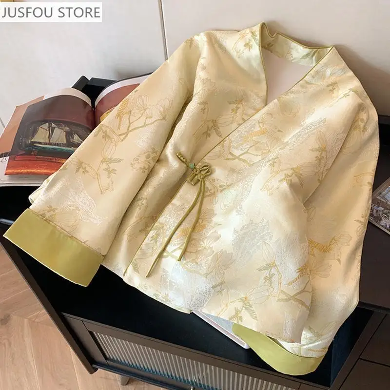 

New Chinese Style Vintage Printed V-Neck Short Coat Women Clothing Spring New High End and Gentle Temperament Jackets Women Top