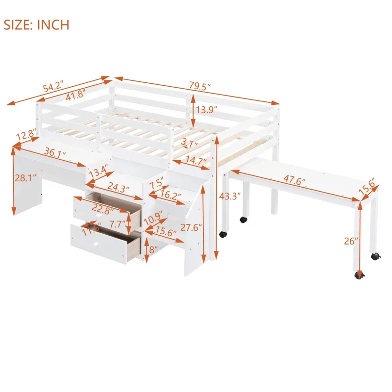 Cama branca do loft do tamanho gêmeo com escrivaninha e gavetas, cama de madeira com mesa lateral e portátil