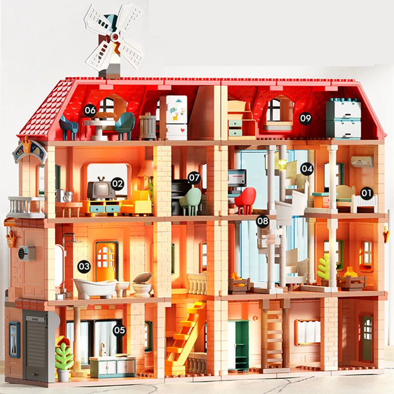 Big Building Blocks Doll House Parts Kitchen Bedroom Bathroom Living Room Sofa Bunk Bed Piano Lamp Compatible Large Bricks Toys