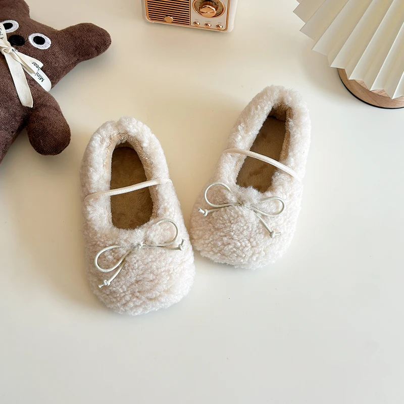 Kids Shoes Winter Toddler Girls Fashion Princess Mary Jane Party Dress Flats Ballets Children Brand Warm Fur Bowtie Soft Sole