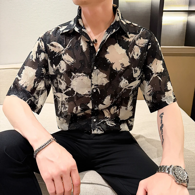 High Quality Transparent Lace Men's Shirts Vintage Jacquard Short Sleeved Man Shirt Sexy Party Prom See Through Chemise Homme