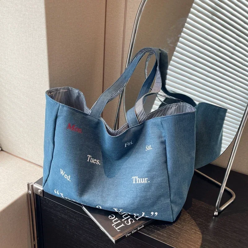 Trendy Denim Casual Large Capacity Commuting Bag for Women Fashionable and Versatile Letter Shoulder Bag Tote Bag Bolso De Mujer