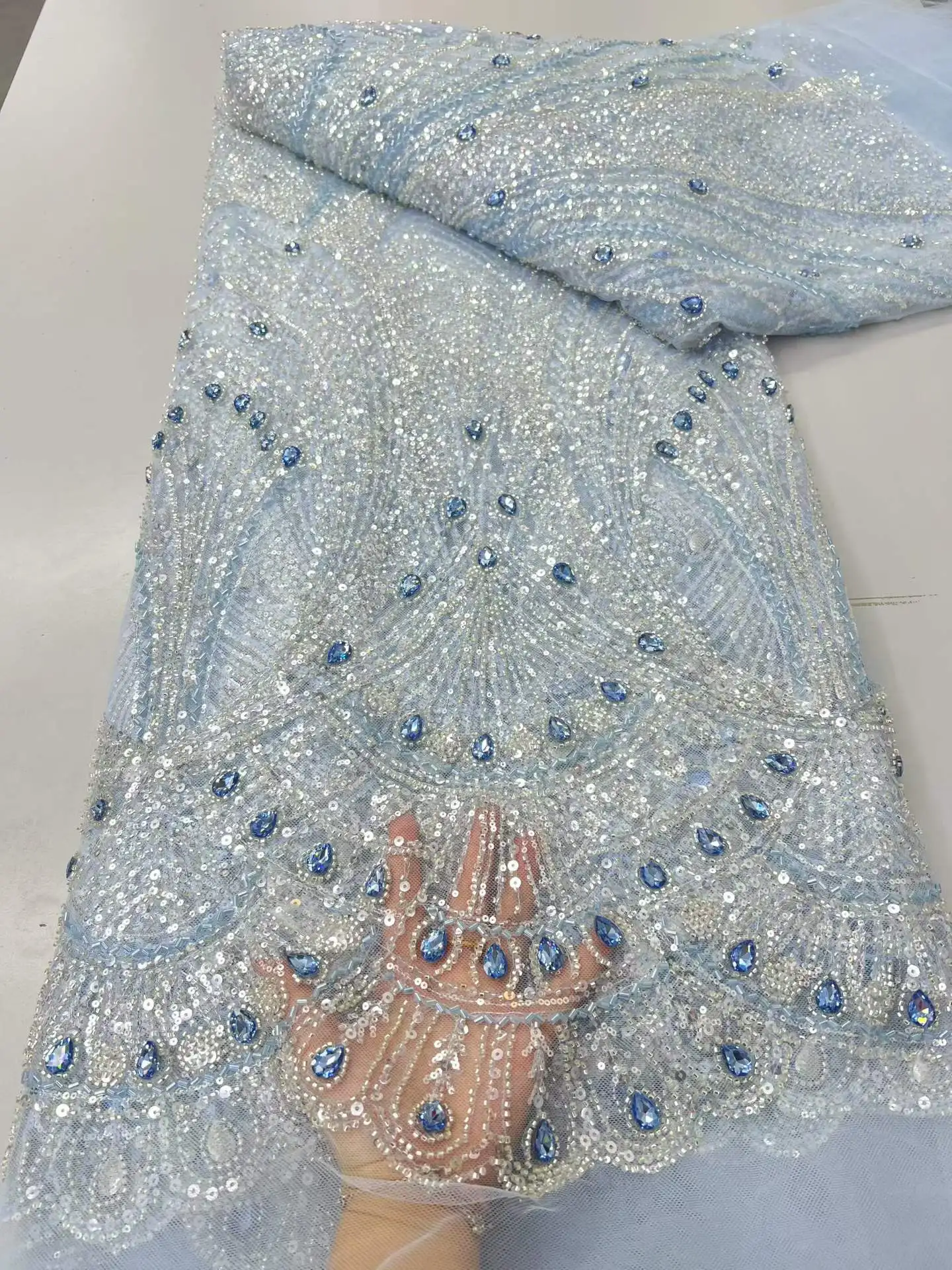 

Luxury Nigerian Stones African Beaded Mesh Lace Fabric Embroidery Sequins French Tulle Lace For Wedding Party Dress 5 Yards
