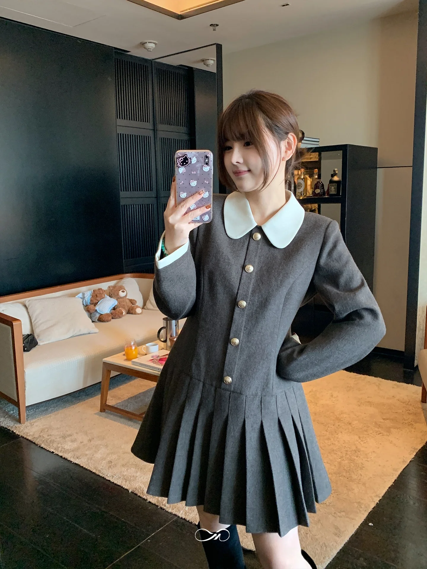 

Korean Sle Pleated ort Dr Doll Collar Winter Thiened plus Size Women's Faion Casual Maxi Dr with Zipper