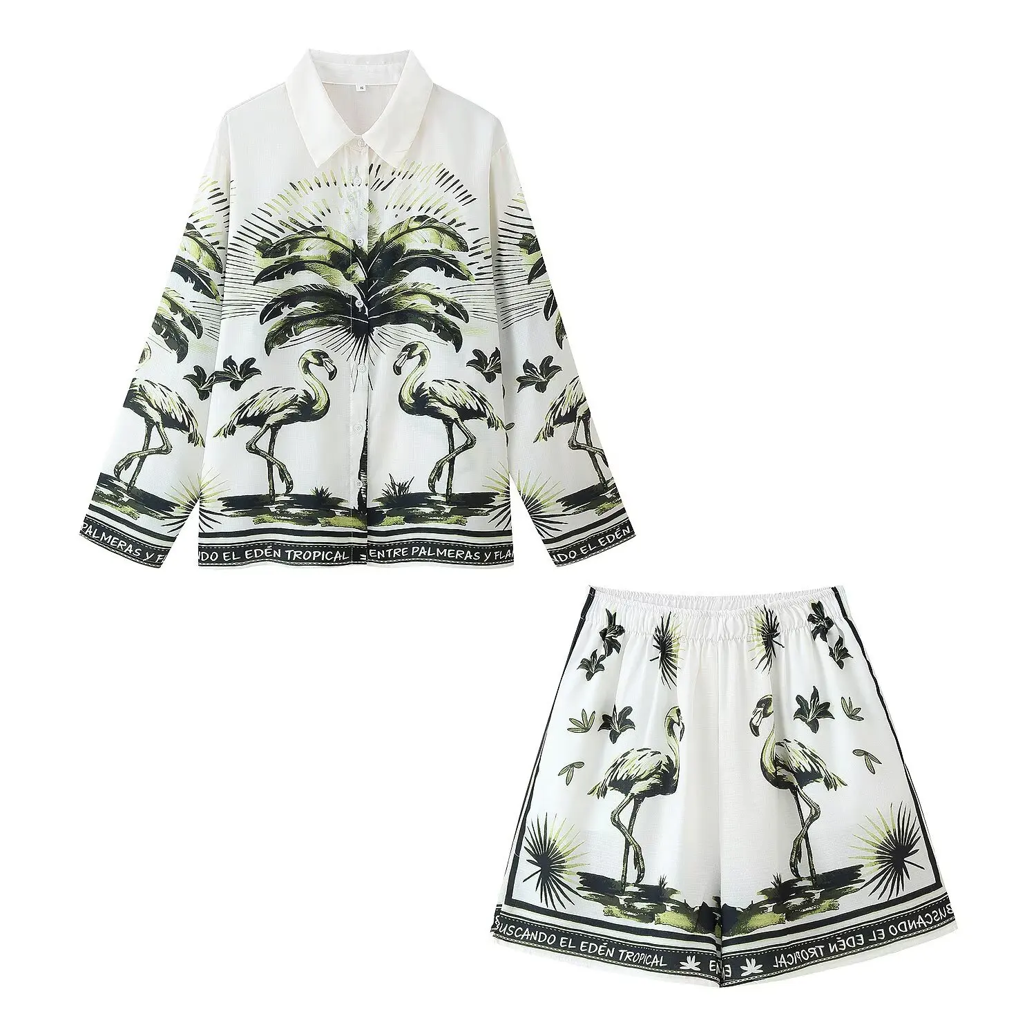 Setelan Longgar Gambar Cetak Wanita Kemeja Kancing Sebaris Lengan Panjang Kerah Lapel Celana Pendek Saku Pinggang Elastis Setelan Kasual Set Chic Baru Musim Panas