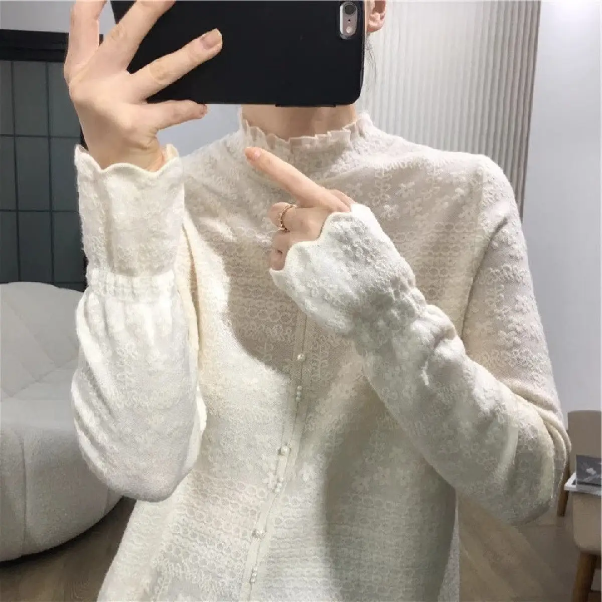 أنيقة نصف الياقة العالية شق زر الدانتيل سترة الربيع تنوعا طويلة الأكمام الطبقات الداخلية قميص للنساء