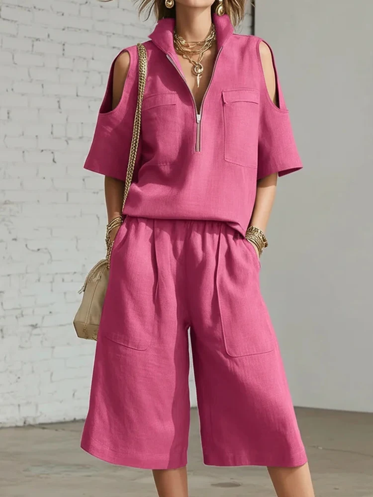 

Women's Three Quarter Sleeve Pullover Top with Elastic Waist Shorts Two-Piece Set Summer Holiday Solid Fashion Streetwear Outfit