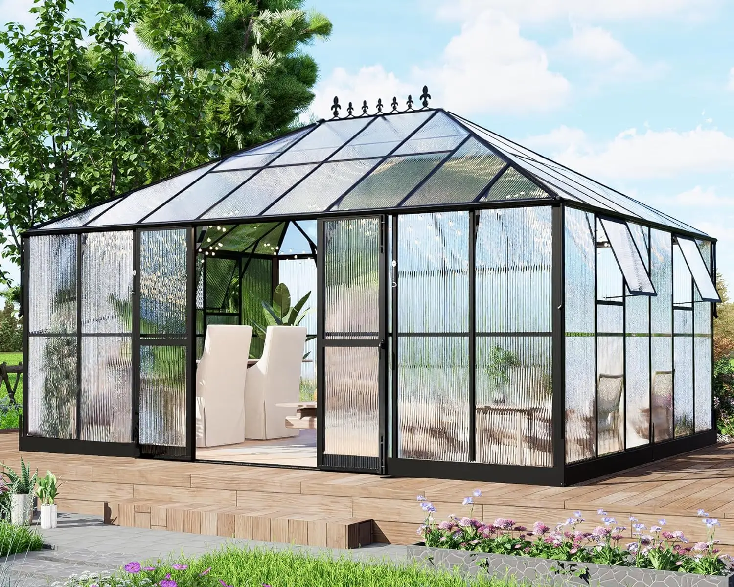 16x12x9.5 FT Pavilion Styled Greenhouse, 4 Vent Windows Polycarbonate Greenhouse, Greenhouse Kit with Widened Lockable Doors,