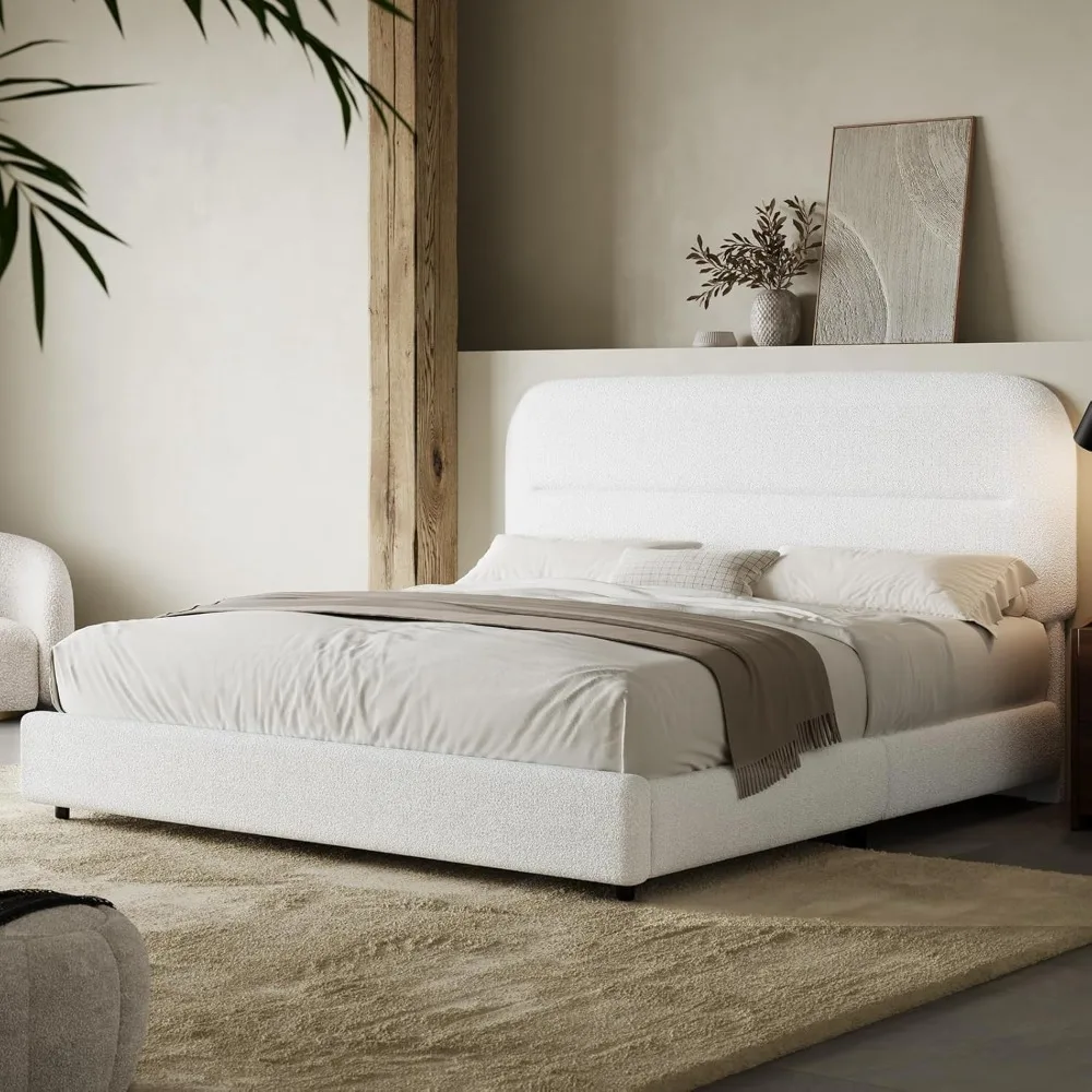 hombck queen size boucle bed frame, upholstered bed frame with headboard, soft cloud bed with thickened footboard, rounded corne