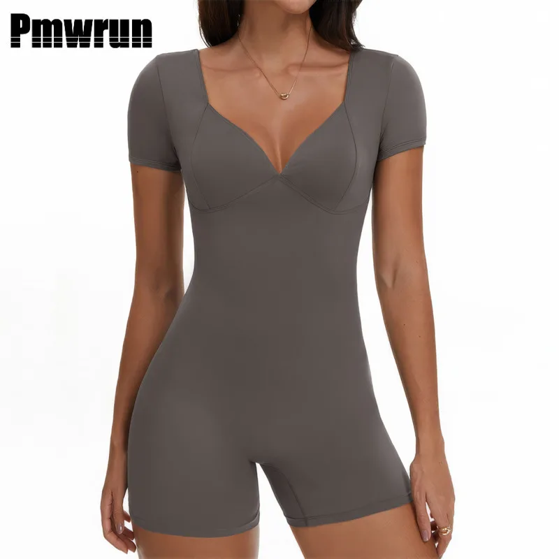 

PMWRUN Workout Jumpsuit Sports Overalls Women Gym Clothing Running Fitness Suits Gym Tracksuit Short Sportswear Push Up Yoga Set