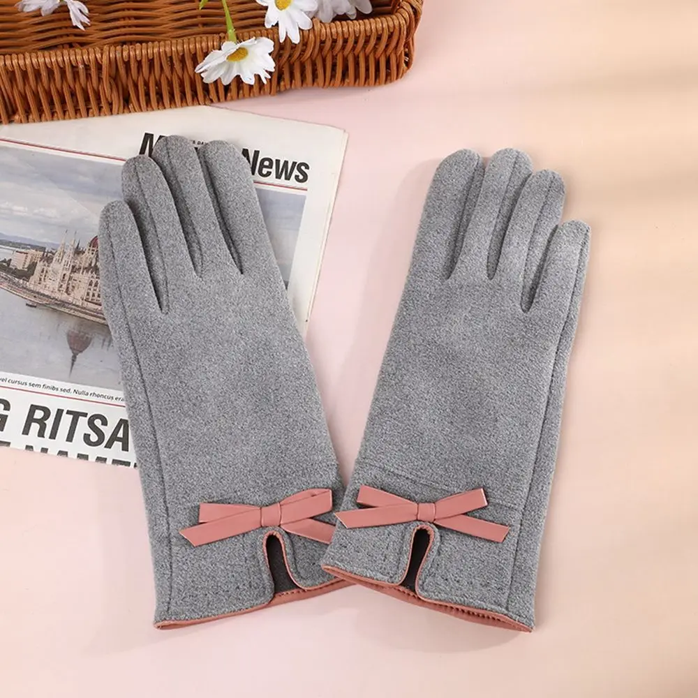 Simple Thick Bow Women Driving Gloves Elastic Female Gloves Suede Leather Mittens Full Finger Gloves Touch Screen Gloves