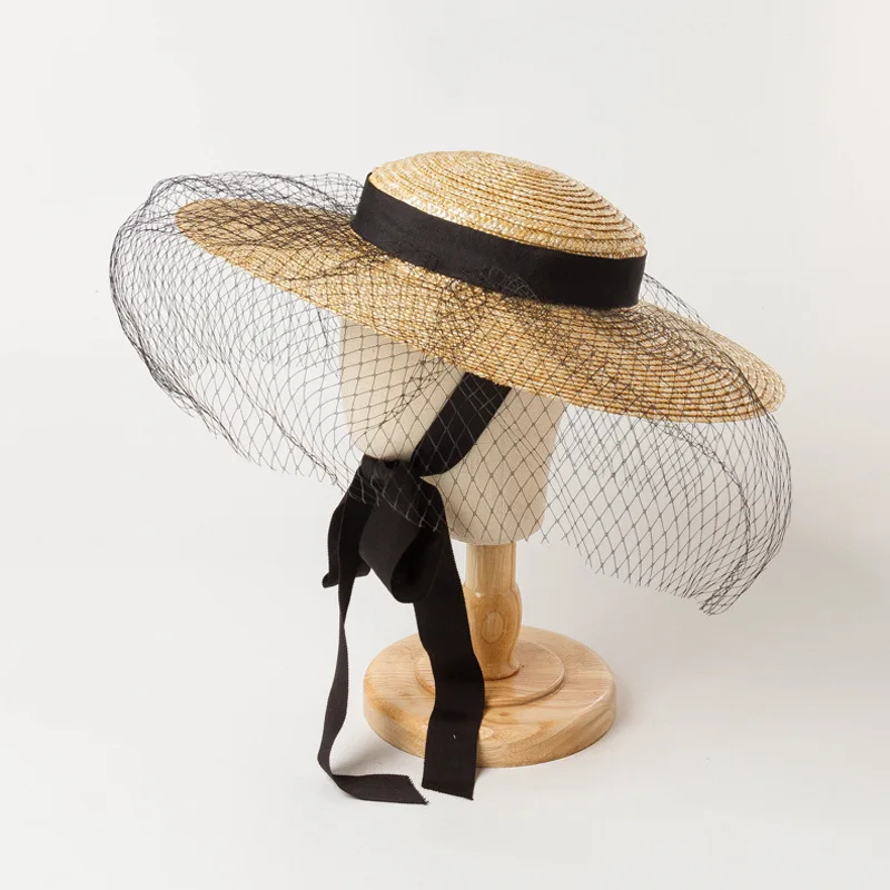 

X383 Children's New Mesh Ribbon Decorated Shallow Flat Top Straw Hat Sunshade Concave Shape Straw Hat Wide Brim Panama Hat