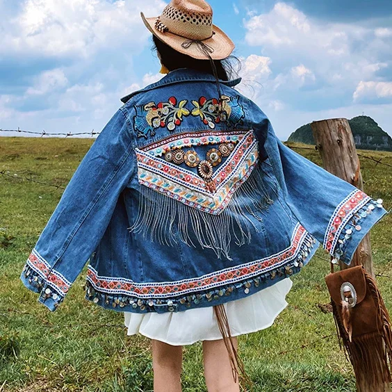 

TEELYNN Boho Floral Appliques Embroidery Tassel Denim Jackets for Women Coats Casual Long Sleeve Vintage Loose Jacket Outwears