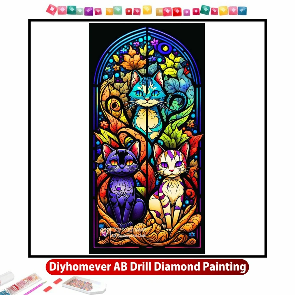 

Stained Glass Cat 5D DIY AB Drills Diamond Painting Art Cross Stitch Cartoon Animal Mosaic Pictures Embroidery Home Decor Gift