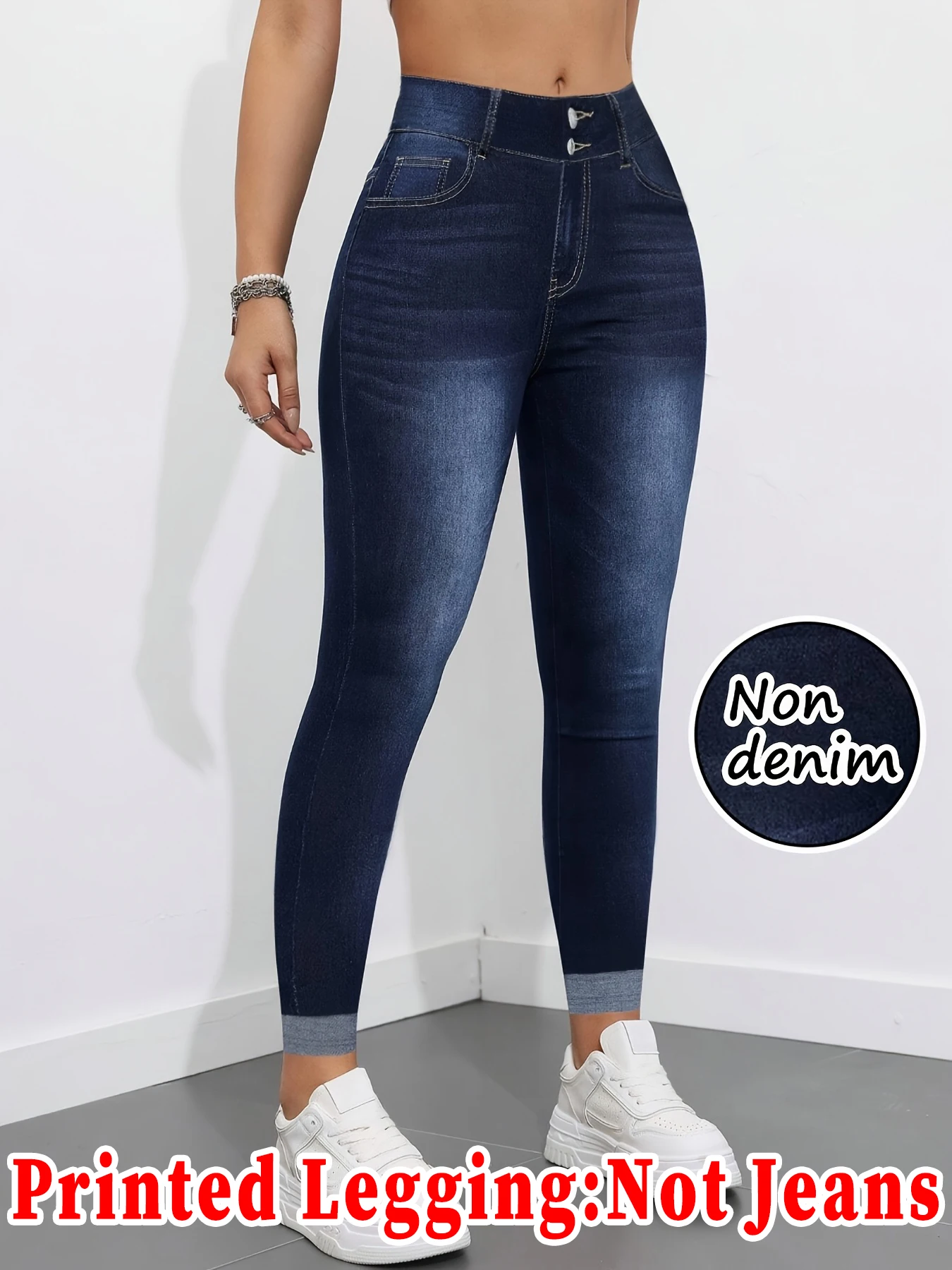 Fashion Women Faux Denim Print Skinny Pants, High Elastic Seamless Fake Pocket Outerwear Sports Cropped Capri Leggings