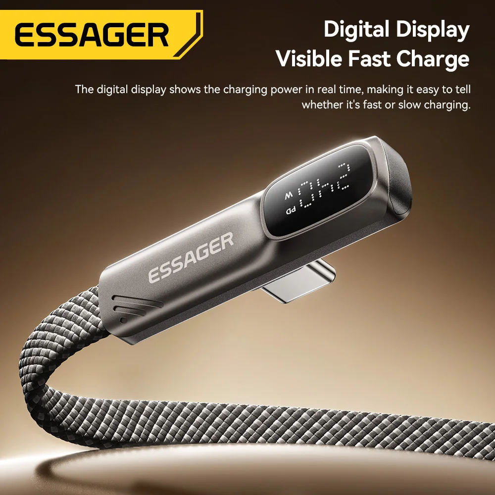 Kabel USB C Essager 240W z złączem kątowym, szybki kabel do ładowania z chipem E-Marker, cyfrowy wyświetlacz, kabel do transmisji danych do laptopów, iPhone'ów, Samsungów, Huawei. — zdjęcie produktu 6