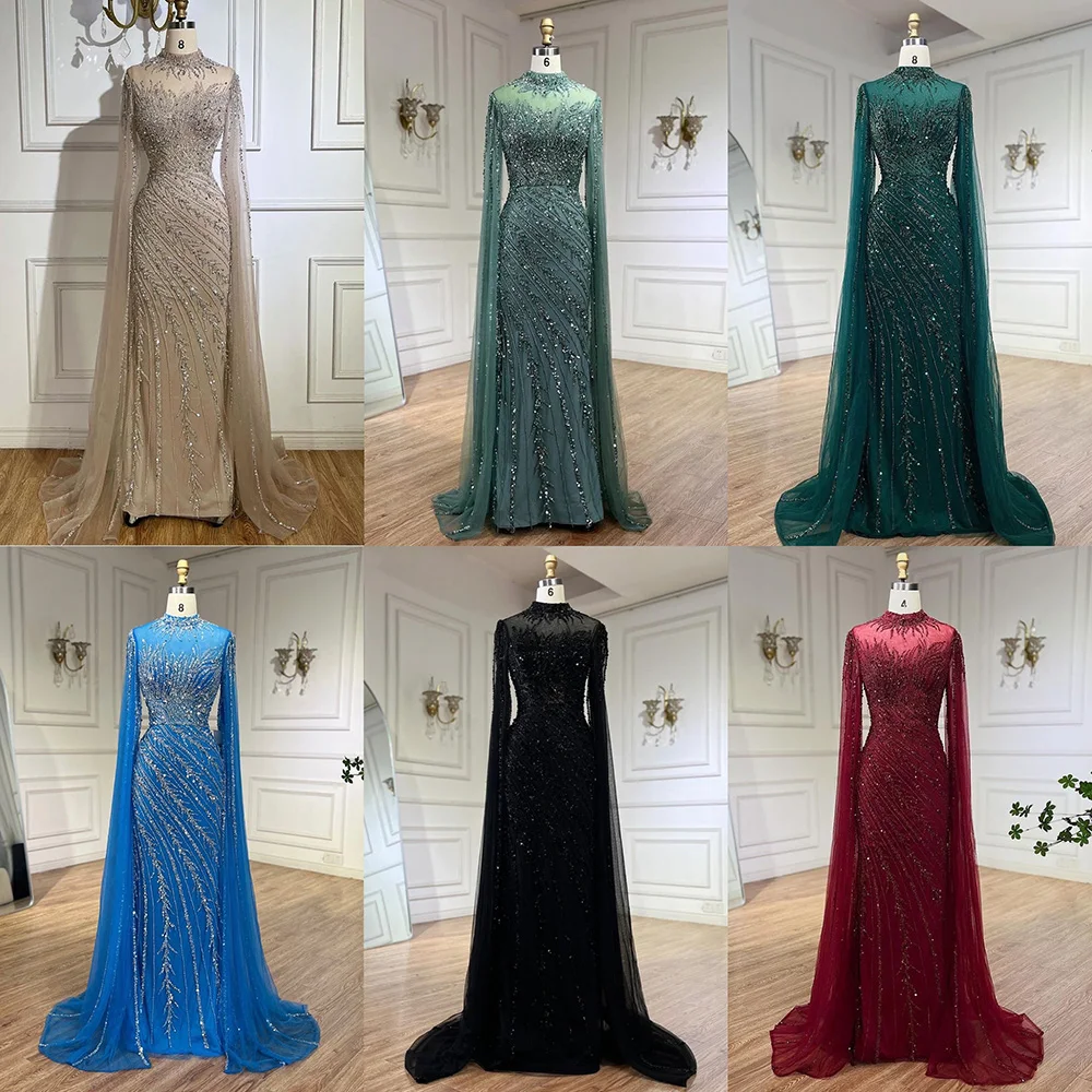 green emerald velvet dress Nude Luxury Long Sleeves Muslim Evening Dresses with Cape SS369A Nude / 22 main image 1