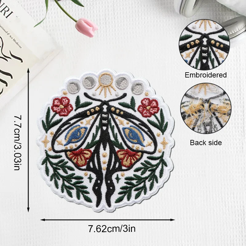 1PC Lunar Phase Sphinx Embroidery Patch, Natural Plant Insect Fabric Patch, Suitable for Clothing, Bags, and Hat Decoration