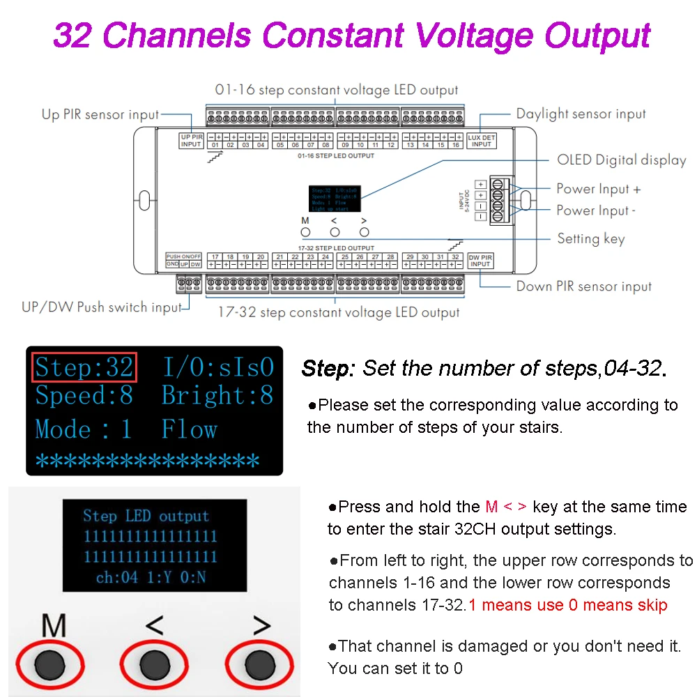 PIR Sensor Stair Light Controller 6 Run Modes Stair Running Light Lighting Under Stair Tread Control Indoor LED 32 CH DC 12V 24V