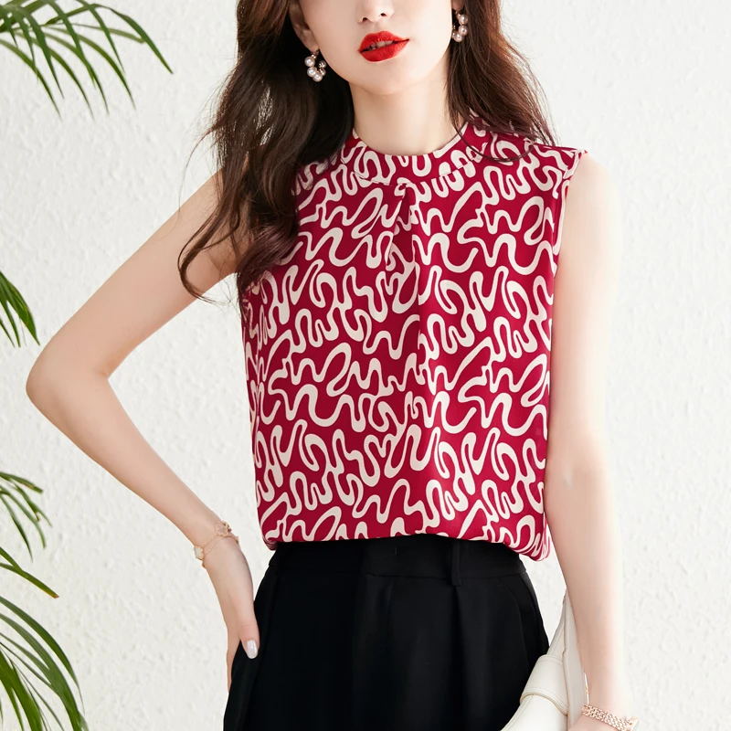 Summer 2023 New Women Blouse Elegant Red Chiffon Sleeveless Wave Print Pullover V-Neck Top Office Lady Formal Shirts