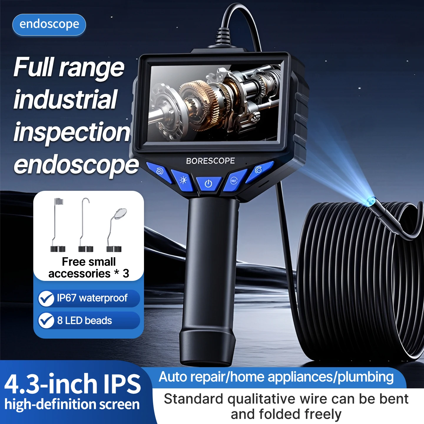 HD1080P 4.3 "IPS Screen 8mm Single/Dual Lens Industrial Endoscope Camera IP67 Waterproof Pipe Sewer Inspection Borescope For Car