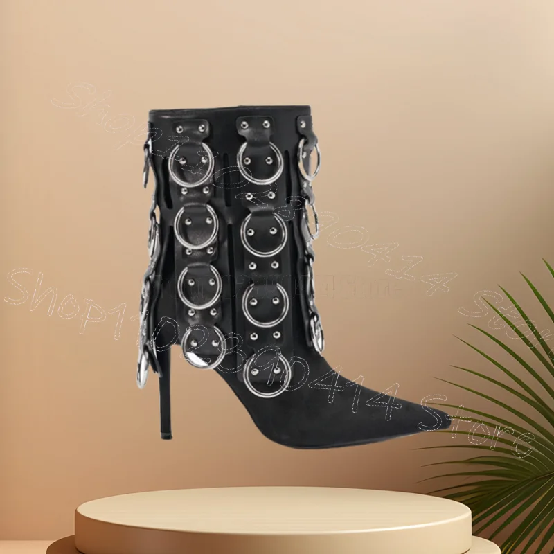 

Metal Circle Black Belt Fastener Pointed Toe Boots Side Zipper Women Shoes Thin High Heels Party Feast 2025 Zapatos Para Mujere
