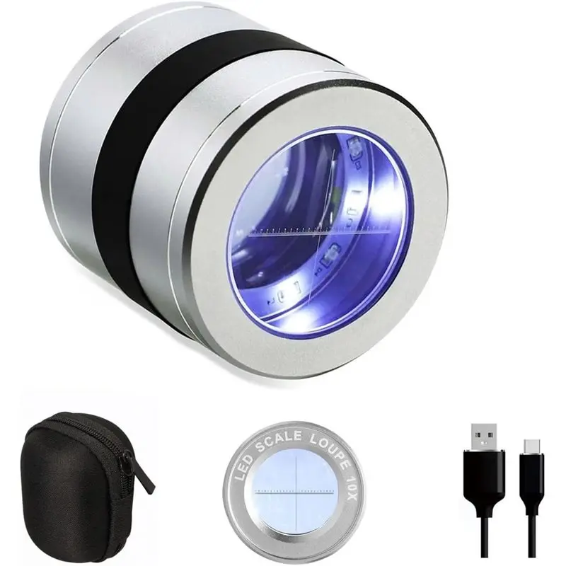 ABRU-Jewelry Magnifier 10X Loupe With LED/UV Light And Scale, USB Rechargeable For Diamond, Gemstone Jewelry Loop Jeweler