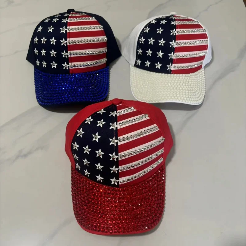 Czapka z daszkiem w stylu europejskim i amerykańskim z amerykańską flagą i dżetami, personalizowana czapka baseballowa z pełnym obramowaniem z dżetami w kształcie pięcioramiennej gwiazdy, ochrona przed słońcem