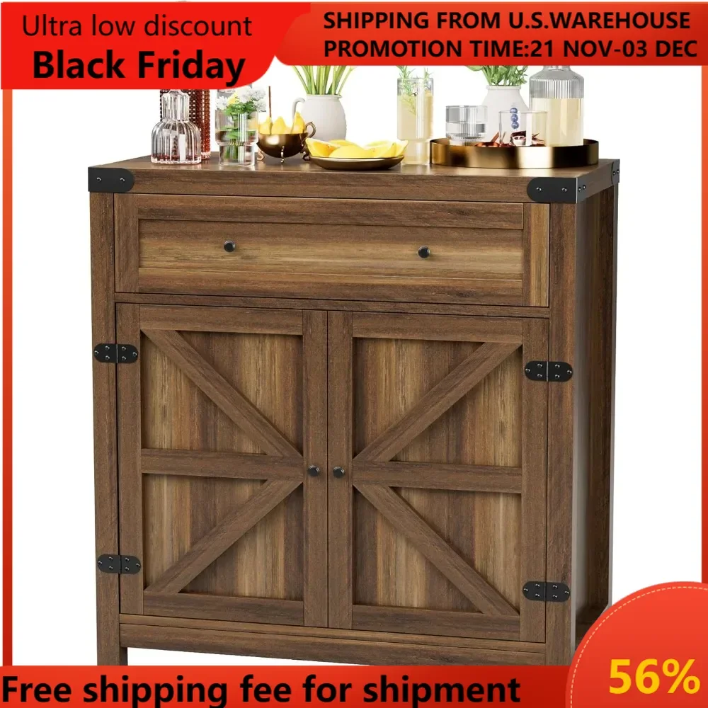 Coffee Bar Cabinet Farmhouse Kitchen Sideboard Buffet Cabinet with Drawer and Adjustable Shelf Barn Door Storage Cabinet