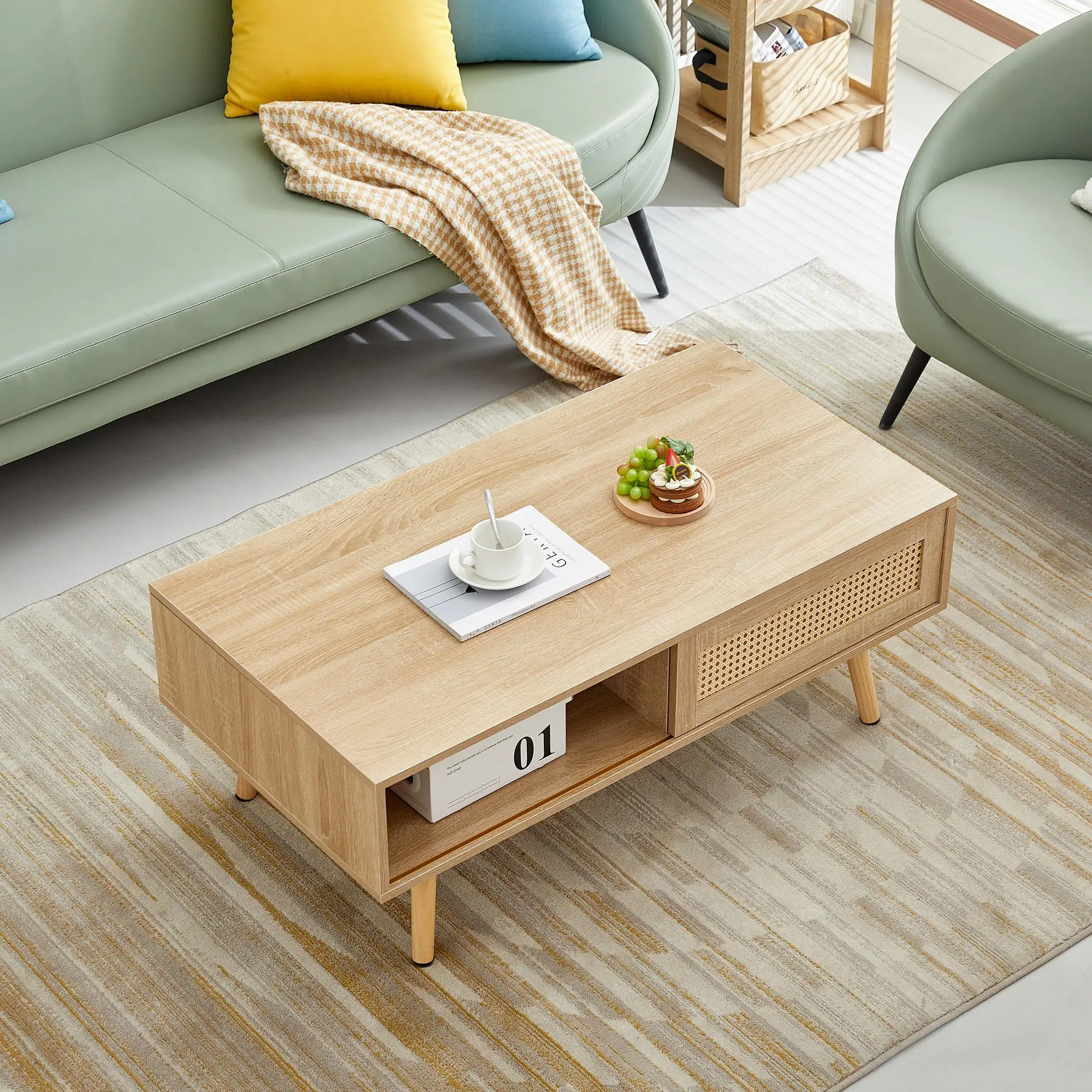 

41.34" Rattan Coffee Table, Sliding Door for Storage, Solid Wood Legs, Modern Table for Living Room, Natural