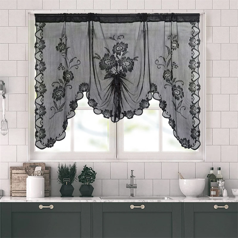 American Black Floral Lace Tulle Pull Curtains Roman Lifting Sheer Voile Door Bay Window Kitchen Partition Christma Party Drapes