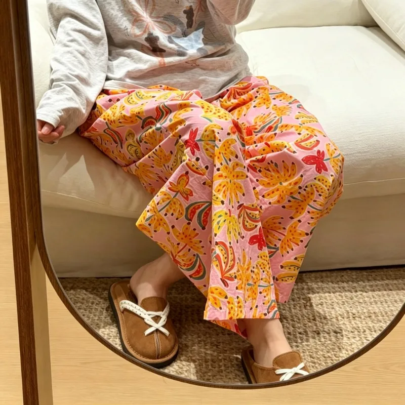 Women Autumn Banana Floral Print Sleep Trousers Casual Comfy Elastic Waist Wide‑Leg Home Loungewear Pants For Ladies Indoor Rest