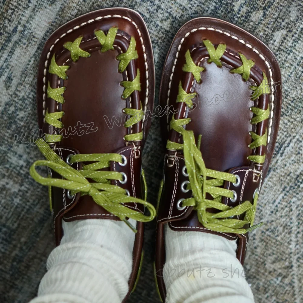 

Lace-Up Pumps Leather Solid Color Square Toe Flat with Fashion Luxury Elegant Concise Sexy Women Shoes New Square Toe Flat with