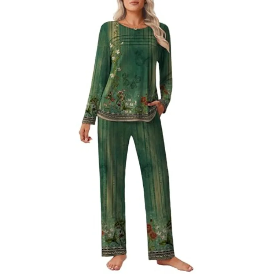 Ekouaer Womens Pajama Sets Pleated Tops with Long Pants Lounge Set Long Sleeve Fall Sleepwear Ladies Pjs S-XXL