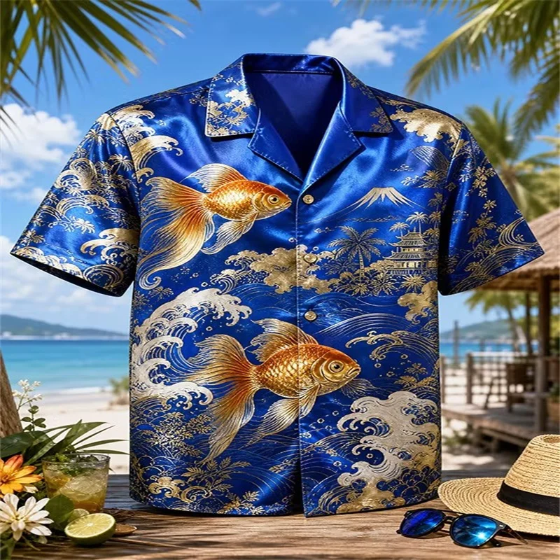 New artistic vacation short sleeved top with light base color peach blossom landscape print daily men's shirt