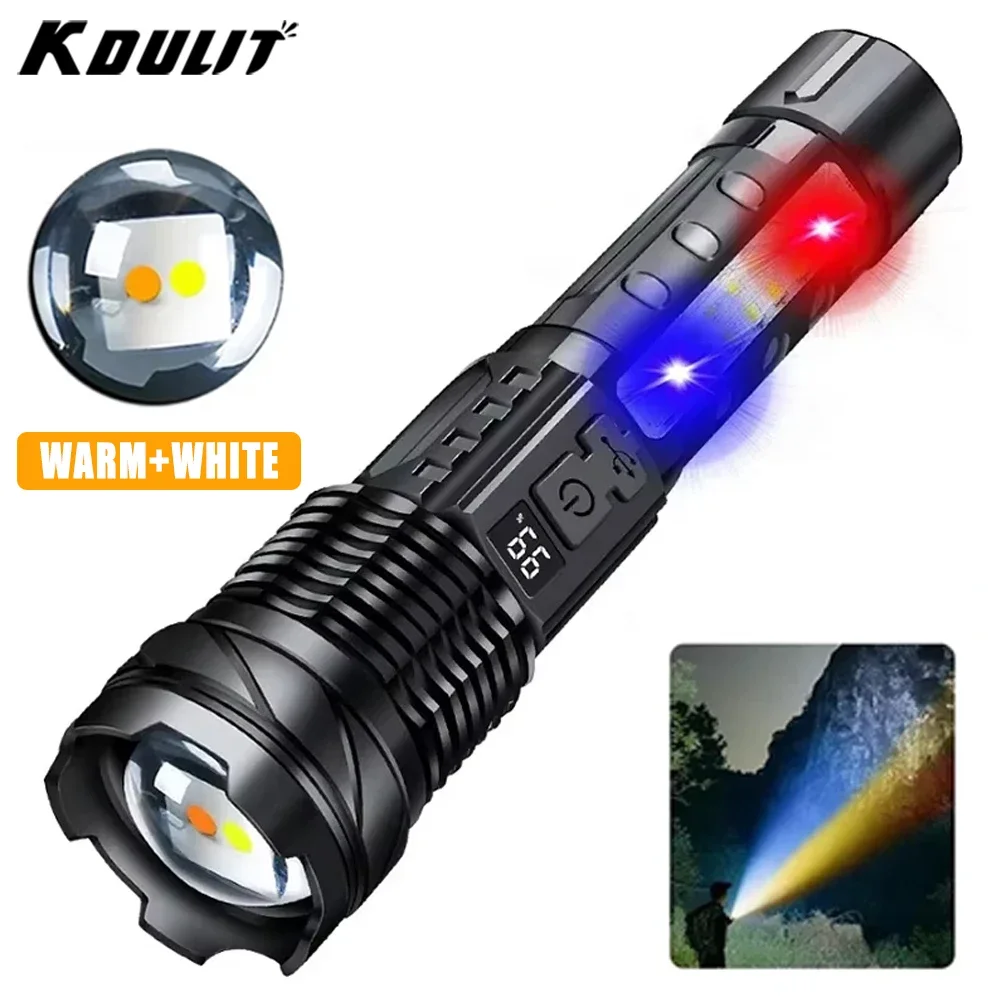 KDULIT Powerful Dual LED Flashlight Tactical Zoom Emergency Spotlights USB Rechargeable Multifunctional Portable Camping Torch