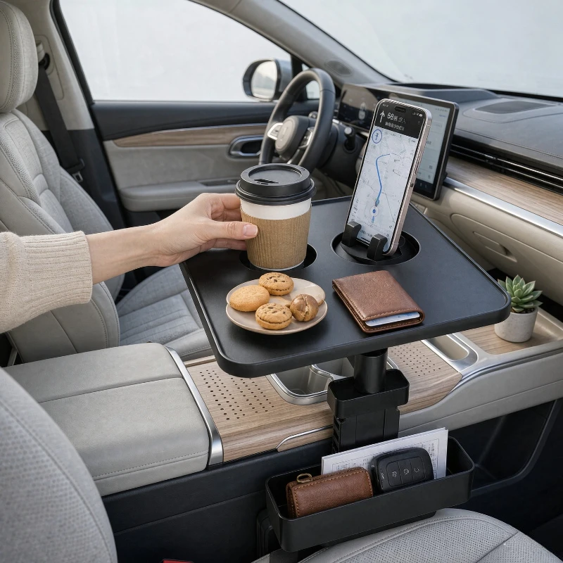 360 Degree Rotating Car Console Tray Table with Phone and Cup Holders Non Slip Surface Vehicle Dining Shelf for Rest Stops