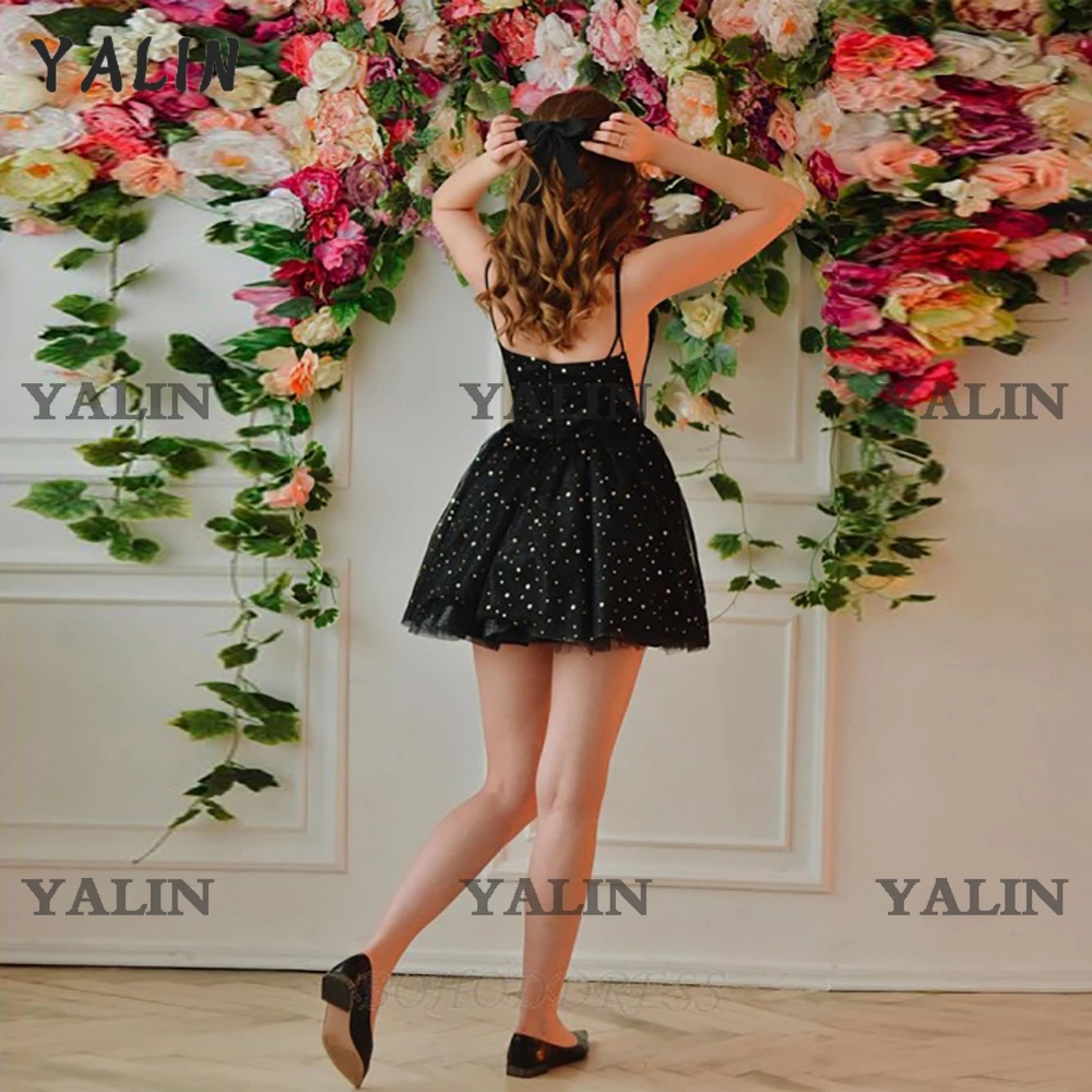 YALIN-minivestido Sexy De Fiesta, prenda De Fiesta con tirantes finos y estrellas brillantes, color negro, hecho por el cliente