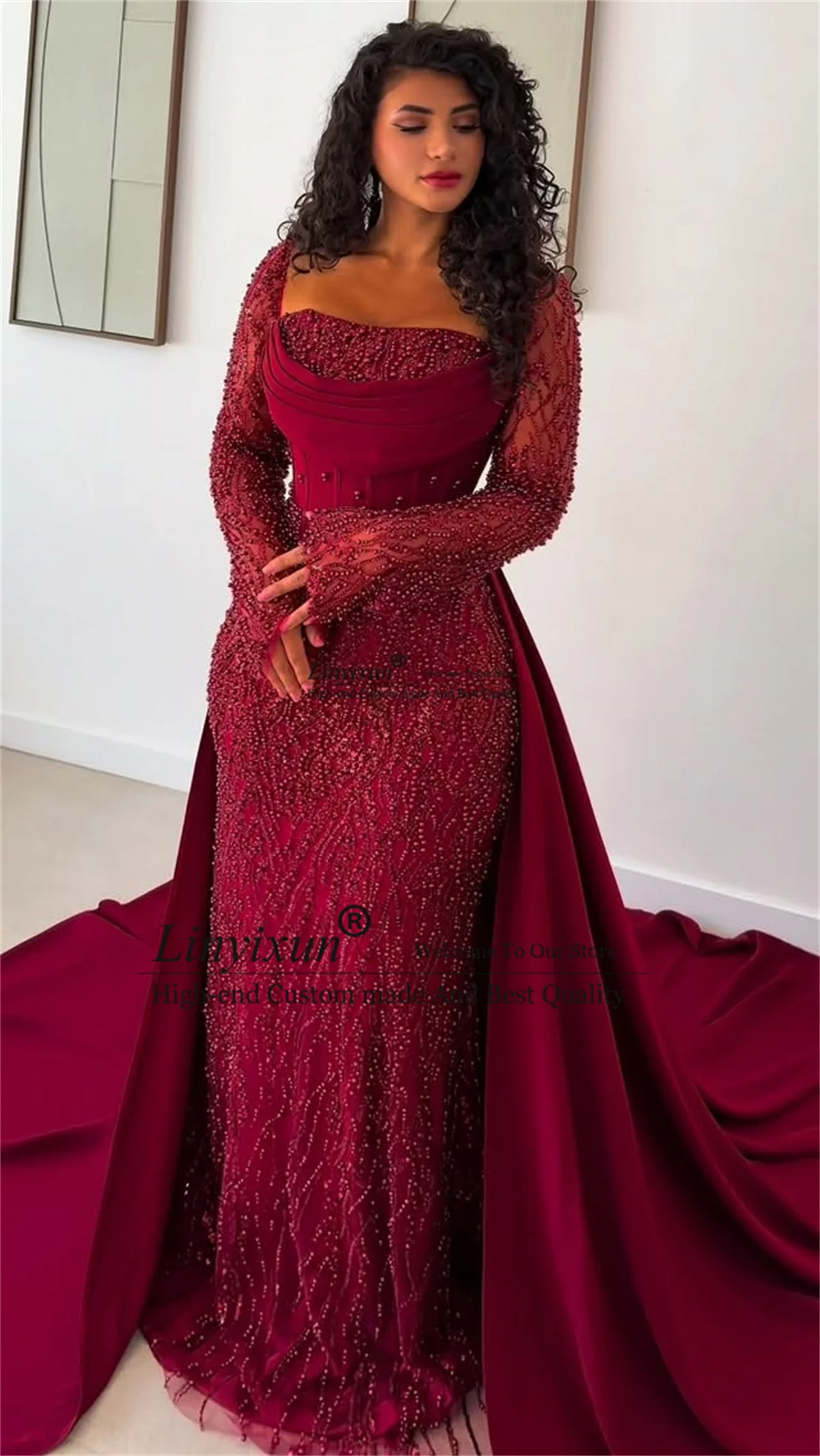 Glänzendes Pailletten-Abschlussballkleid mit abnehmbarer Schleppe, Perlenkristallen, Meerjungfrauen-Abendkleid, maßgeschneidertes Aso Ebi Dubai Robes de Soirée