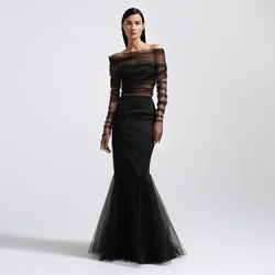 Stunning Illusion Black Mermaid Evening Dresses Sheer Long Sleeves Off Shoulder Women Formal Gown 2024 vestidos de fiesta Custom