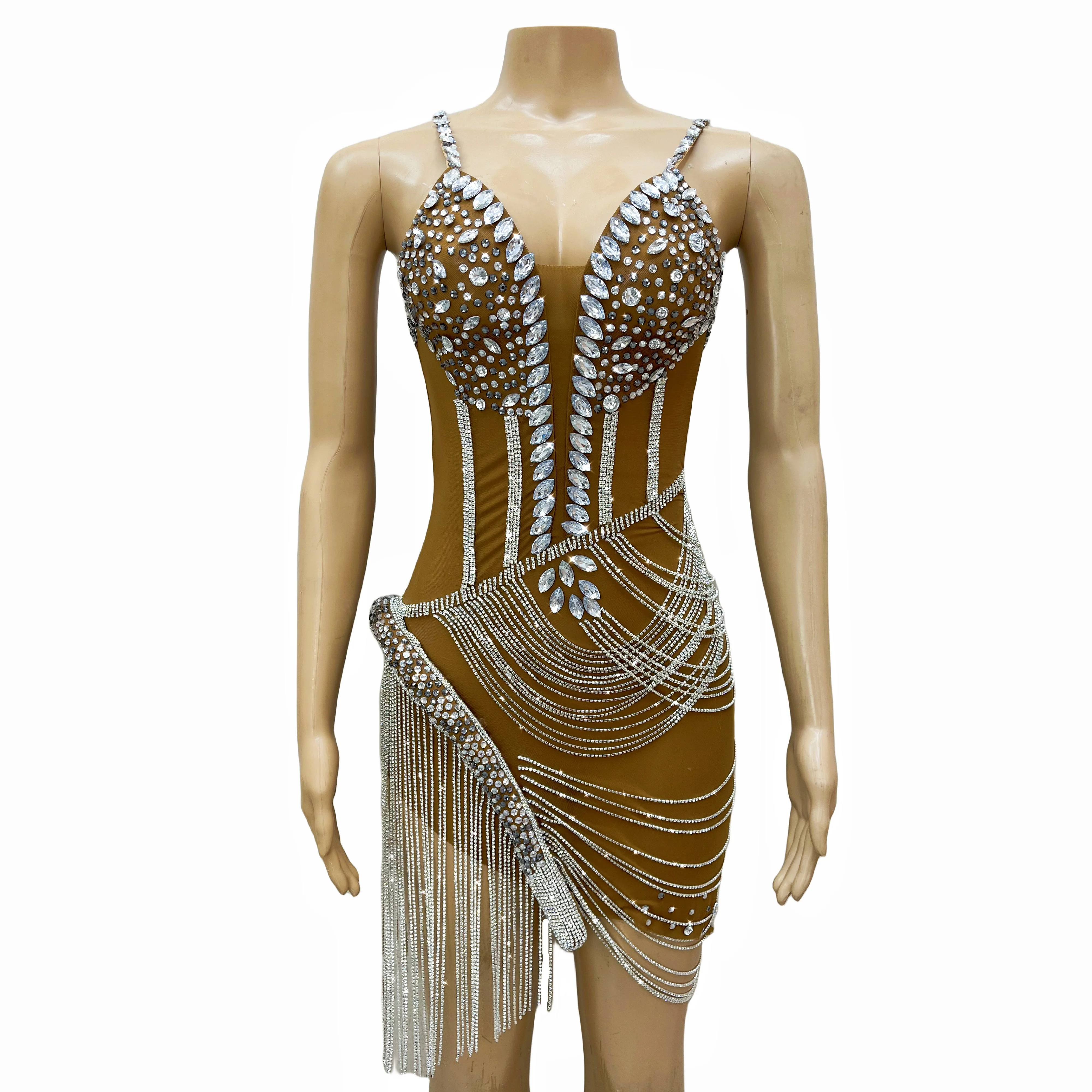 Vestido corto de lujo con diamantes de imitación brillantes para mujer, cadenas de cristal, tirantes sexys, traje de fiesta para espectáculo, disfraz de cantante Liehu