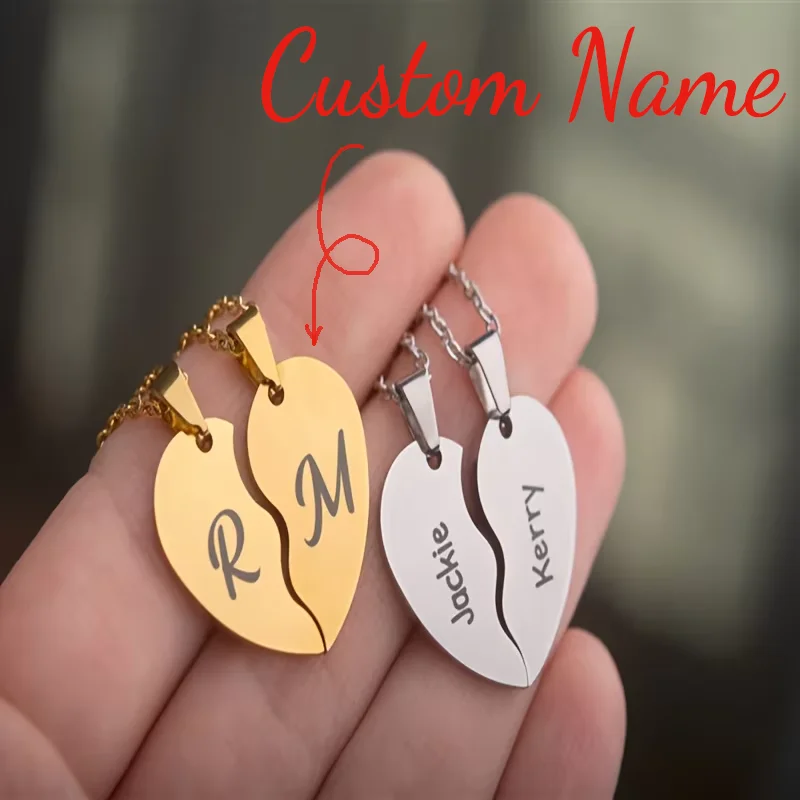 Collier personnalisé avec nom, cœur entrelacé, en acier inoxydable, 2 colliers en forme de cœur séparé, cadeau d'anniversaire pour garçons et filles