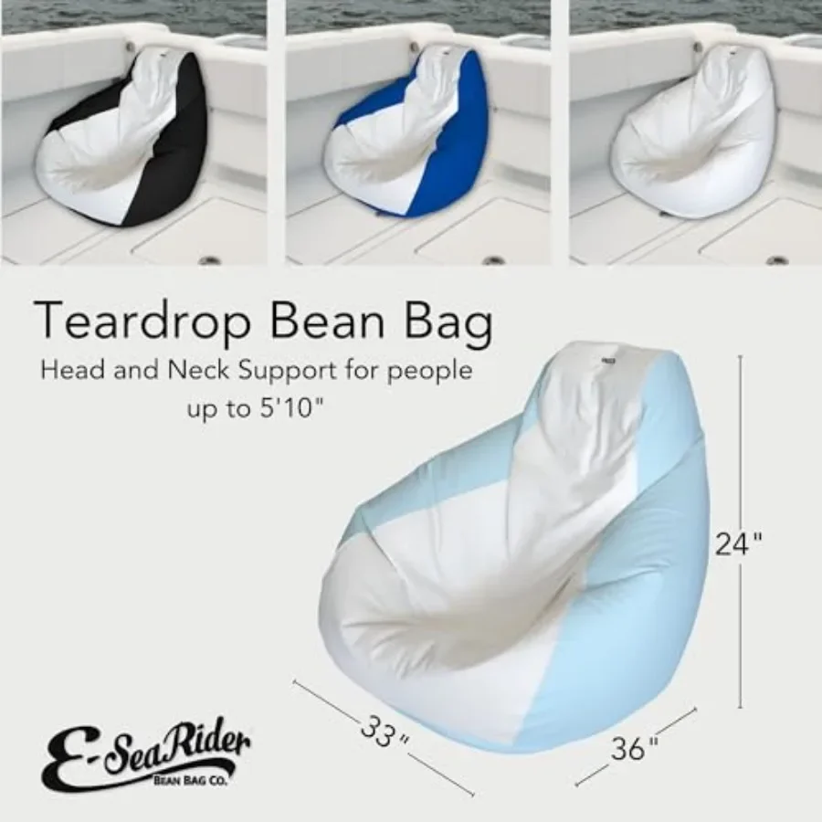 Teardrop Marine Beanbag for outdoor use, UV-resistant polyester fabric, navy blue with white trim, lightweight and quick-drying