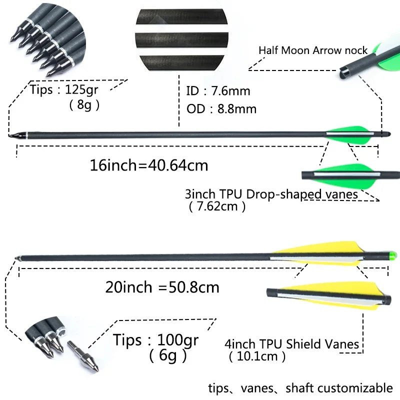 Carbon Crossbow Arrow for Archery Hunting, 100 Grain Arrow Point, 16 in, 20 in, 8.8mm, 6 PCs, 12PCs