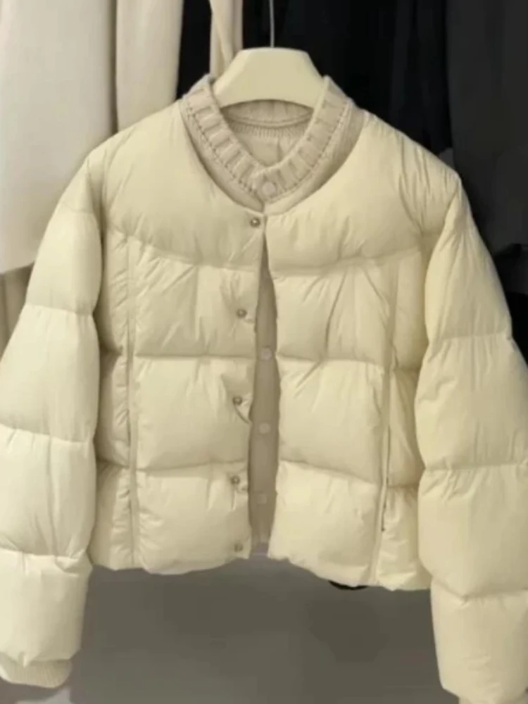 

Thickened Knitted Cotton Jacket Women's Winter Outerwear round Neck Splicing Simple High-End Style Long Sleeve Korean Version