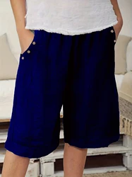 Spring Summer Women's Casual Elastic Waist Wide Leg Shorts Fashion Solid Color Button Decor Short Pants