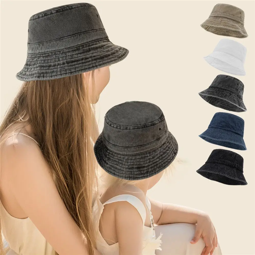 Washed Denim Bucket Hat Wide Brim Cotton Fisherman Hat Summer Panama Sun Hat Outdoor Beach Fishing Cap For Aldult Kids