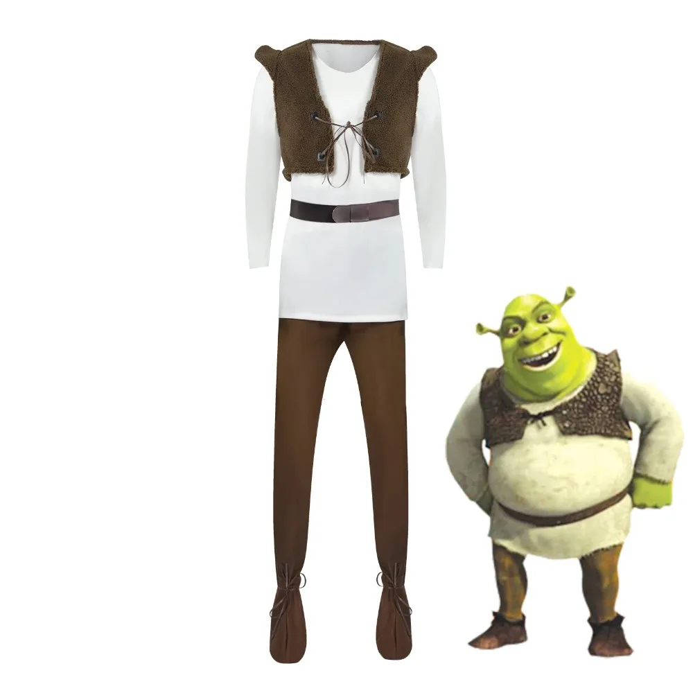 

COS Shrek the Movie Shrek Cosplay Costume Full Set - White Long-Sleeve Top + Brown Vest + Brown Pants + Belt & Boot Covers